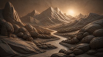 a vast valley with a river winding toward distant mountains at sunrise, no people, no text