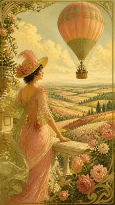 a hot air balloon drifting over rolling flower fields on a sunny day, cheerful, no text