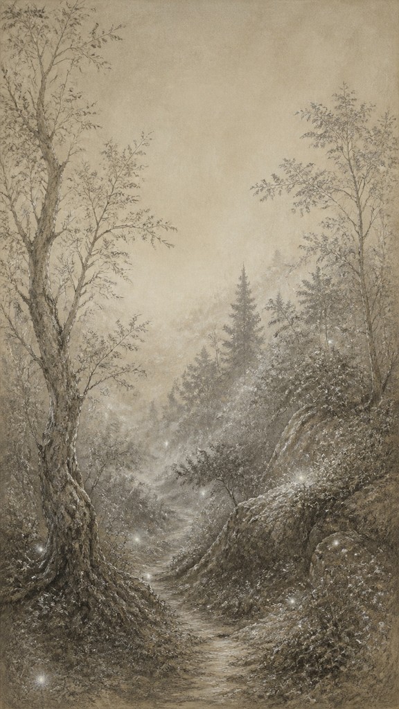 a mysterious forest path with fireflies and drifting mist, atmospheric vertical composition with open space at the top, no text