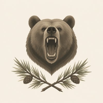 a roaring bear head above crossed pine branches, bold graphic composition on a plain background, no text