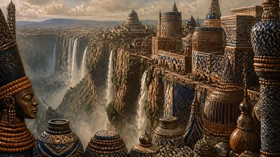 a cliffside city with waterfalls cascading into a misty canyon, wide establishing shot, no people, no text