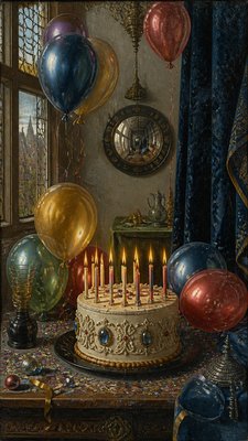 a birthday cake with lit candles surrounded by balloons and confetti, festive vertical composition, no text