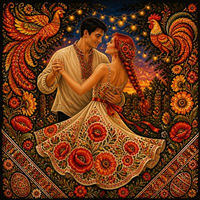 an original couple dancing under string lights in a garden at dusk: a man with short black hair in a linen shirt and a woman with braided red hair in a summer dress