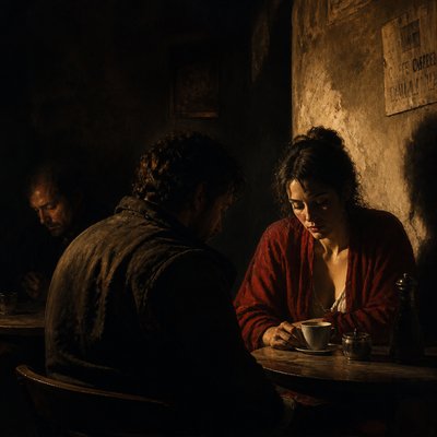 cozy cafe interior with warm lighting