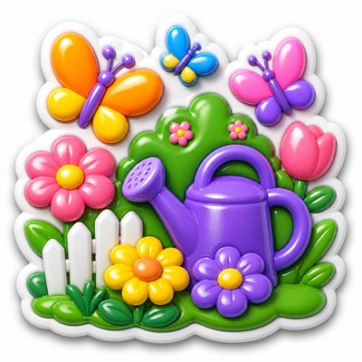 a garden scene with butterflies, flowers and a watering can, clean uncolored line art, no text