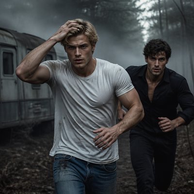 Ok tu me fait 2 personnages de roman , on va commencer avec un homme la vaingtaine dans la trentaine tres beau il est blond, il passe sa main dans ses cheveux, on voit le biceps il est en T-shirt blanc avec un jean à côté de lui, il se trouve un autre un homme dans les 30 ans, et alors là je veux que tu les cheveux noirs bouclé, sur les côtés, il a pas de lunettes il est en chemise, un daddy pas de barbe, pas de moustache. Une ambiance assez froide avec un brouillard glaçant autour d’eux une forêt, un caravane je sais pas une ambiance vraiment inquiétante et vraiment je veux une ambiance comme si on parlait d’un roman genre le blond au milieu. On dirait qu’il court tous les deux ou qu’il fuit comme dans sa roman. En fait derrière eux l’ambiance angoissante ils sont devant. 