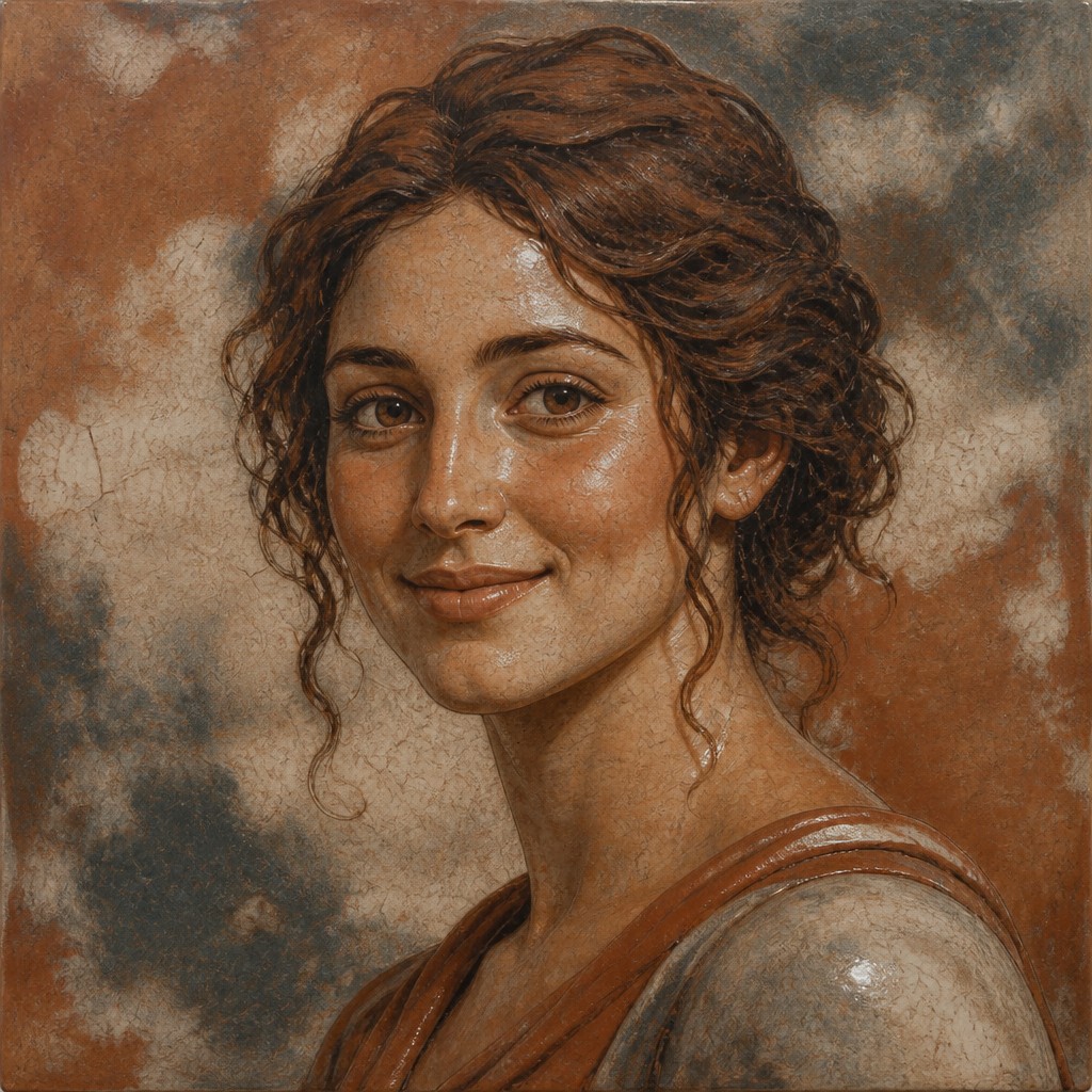 head-and-shoulders portrait of an original character: a young woman with wavy chestnut hair and a warm smile, plain soft backdrop