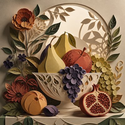 still life arrangement of fruits and flowers