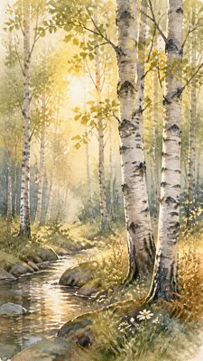 a serene birch forest in soft morning light, no people, no text
