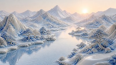 a vast valley with a river winding toward distant mountains at sunrise, no people, no text