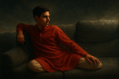 a painting of a man sitting on a couch