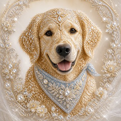 portrait of a golden retriever wearing a blue bandana, warm plain backdrop, no text