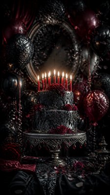 a birthday cake with lit candles surrounded by balloons and confetti, festive vertical composition, no text