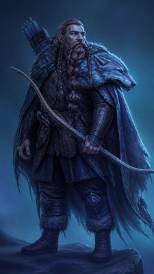 full-body original character: a dwarven ranger with a braided auburn beard, worn leather armor, a longbow and a wolf-pelt cloak, neutral background, no text