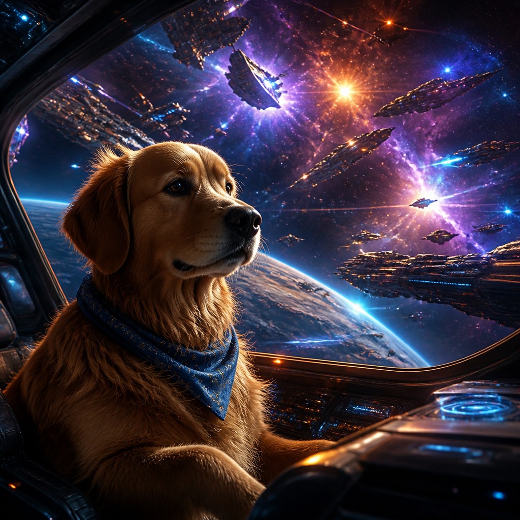 portrait of a golden retriever wearing a blue bandana, warm plain backdrop, no text