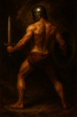 a painting of a man with a sword and a helmet