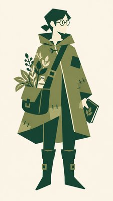 full-body original character: a wandering botanist with a satchel of plants, a patched green cloak, tall boots and round glasses, neutral background