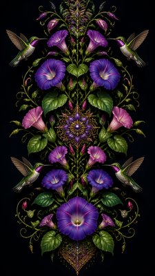a climbing vine of flowers and hummingbirds on a dark background, tall wrapping composition, no text