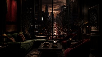 bustling city street panorama at dusk