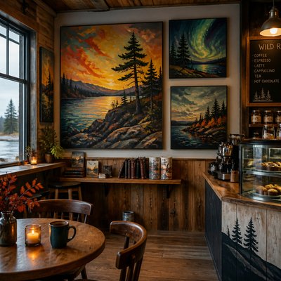 cozy cafe interior with warm lighting