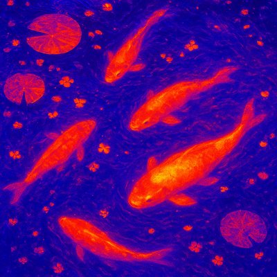 A koi pond seen from above, orange and white koi fish swimming among lily pads, clear water with subtle ripples, fallen cherry blossom petals floating on the surface, dappled sunlight