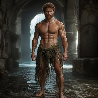 Fais moi un dieu roue et fort avec une barbe rousse plus foncé il , il est habillé sans tee shirt sans bijoux juste en dirait un dieu des mers il a des habille en algues  il a des écailles roue sur le torse et les epaules mais sinon c’est un humain , on le voit de la tete au pied , je veux hyper realiste et les cheveux court genre pas trop genre mi long mi cour