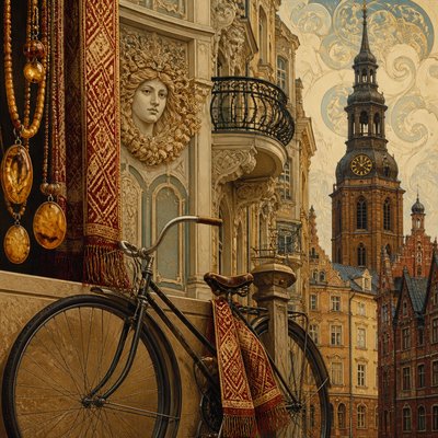bicyle resting against a wall — Latvian Art Style