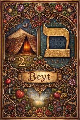 A picture of the Hebrew letter Beyt including both the paleo symbol of the bedouin tent meaning and also the modern Hebrew Beyt symbol, the number 2 and the name of the letter "Beyt" 