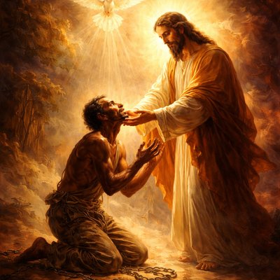 A powerfully emotional, classical sacred art style painting. A ragged figure, formerly a slave, is kneeling, their hands reaching out in submission and relief. Their heavy, rusty chains have been shattered on the dusty ground. Before them is a figure enveloped in radiant, warm, golden light (representing Christ Jesus), whose hand is gently lifting the kneeling person's chin. Above them, a shimmering dove made of pure light descends, symbolizing the Spirit of adoption witnessing to their spirit. Themes of mercy, freedom, and homecoming. Chiaroscuro lighting, deep colors.