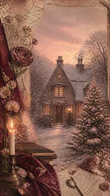 a snow-covered cottage with warm glowing windows beside a decorated pine tree, gentle snowfall, no text