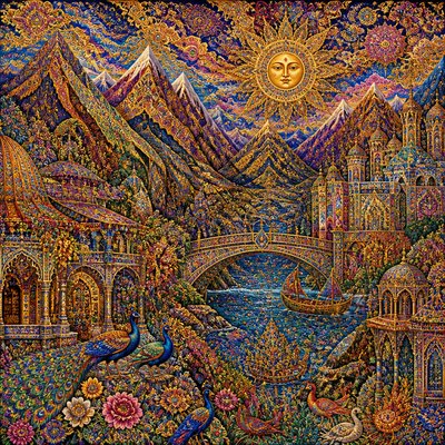 wide landscape with natural scenery — Maximalism Art Style