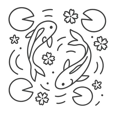 A koi pond seen from above, orange and white koi fish swimming among lily pads, clear water with subtle ripples, fallen cherry blossom petals floating on the surface, dappled sunlight