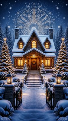 a snow-covered cottage with warm glowing windows beside a decorated pine tree, gentle snowfall, no text