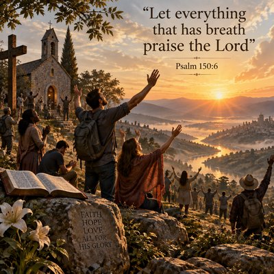 no animals - Christians praising God morning sunrise - use quote “Let everything that has breath praise the Lord” - Psalm 150:6