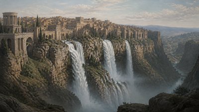 a cliffside city with waterfalls cascading into a misty canyon, wide establishing shot, no people, no text