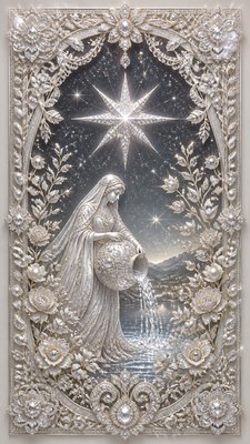 a robed figure pouring water beneath a large eight-pointed star in a night sky, symmetrical composition with an ornate decorative border, no text
