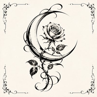 a rose entwined with a crescent moon, clean balanced composition on a plain background, no text