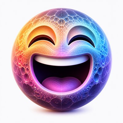 an exaggerated laughing face of an original round mascot character, bold and readable at small size, plain background, no text