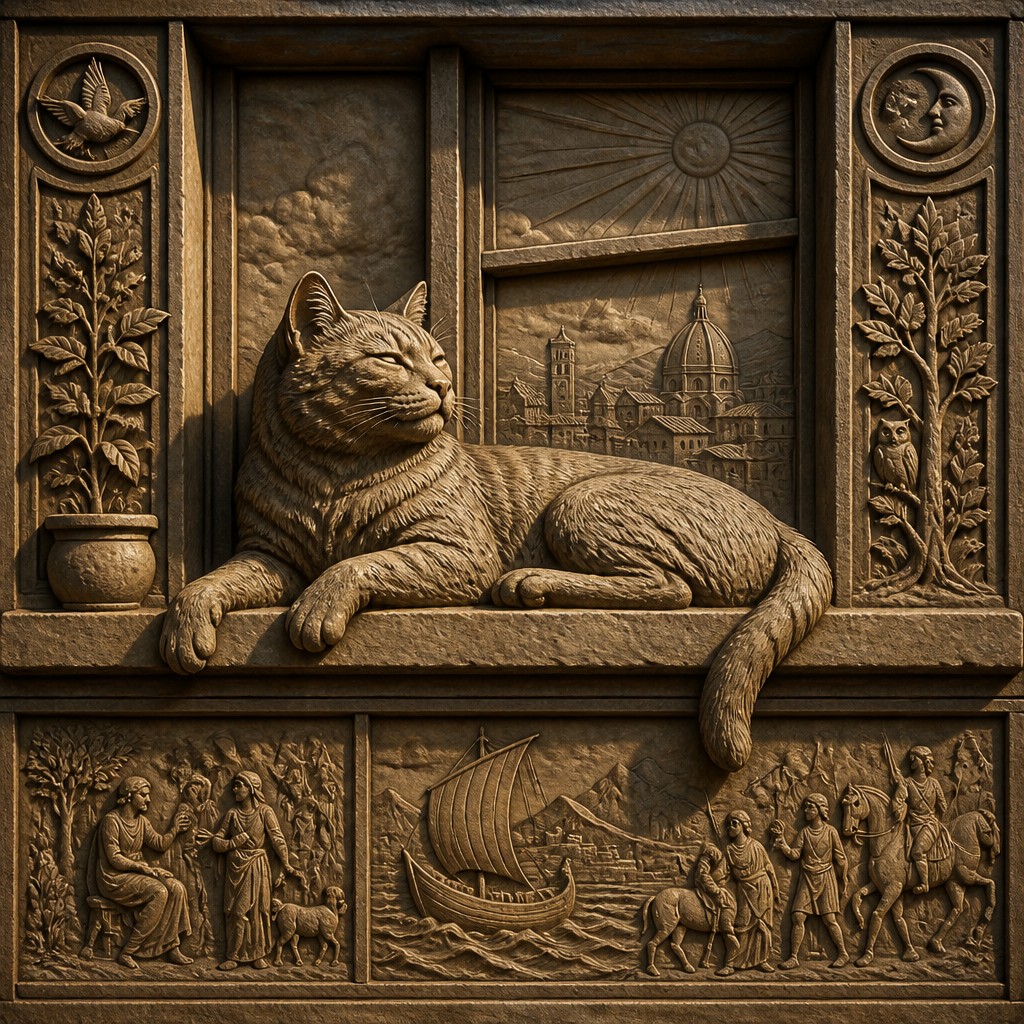 a cat lounging in a sunlit window — Relief Carving Sculpture Style