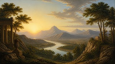 a vast valley with a river winding toward distant mountains at sunrise, no people, no text
