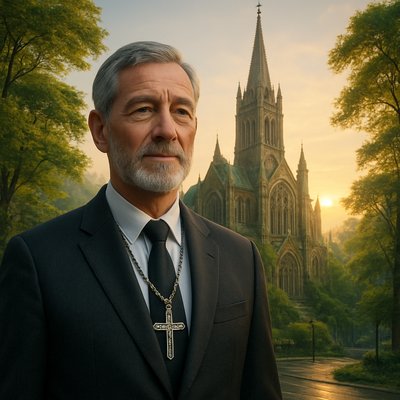 Photorealism Art Style, a distinguished human pastor, with a calm and wise expression, stands prominently in the foreground. He is impeccably dressed in a modern, dark suit, with a noticeable, large, and intricate cross necklace hanging clearly visible. Behind him, majestic and sprawling, is a grand, beautiful cathedral, its architecture a blend of classic and natural elements, perhaps with vines or trees subtly integrated into its design. The cathedral is situated within a vibrant, lush forest city, where towering trees and greenery are woven throughout the urban landscape. In the far distance, the sun is dramatically rising, casting a warm, golden light that illuminates the scene from behind, creating a serene and powerful atmosphere. Focus on realistic textures of the suit, the cross, stone of the cathedral, and the diverse foliage, all under natural, early morning light.