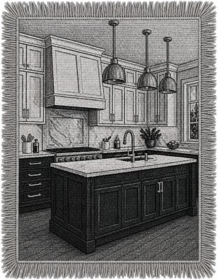 a black and white drawing of a kitchen