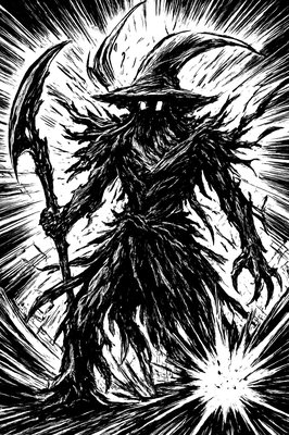 a black and white drawing of a wizard