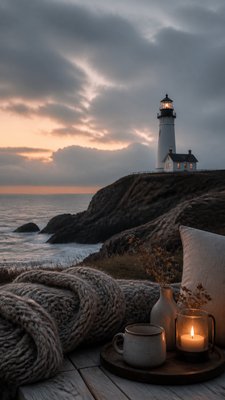 a lone lighthouse on a cliff at dusk under a dramatic sky, no text or lettering