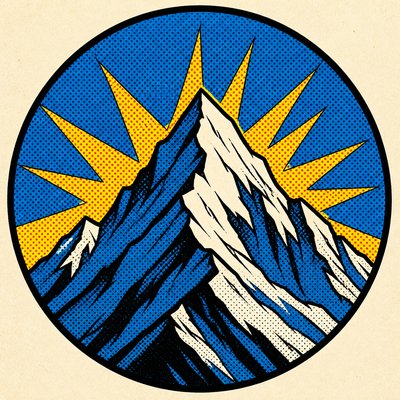 an emblem of a mountain peak inside a circle, simple bold shapes on a plain background, no text or lettering