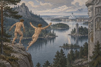 two Helsinki male ignudi athletes standing on a rock jump into a lake