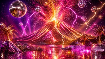 an erupting volcano with lightning strikes, dramatic wide composition, no text