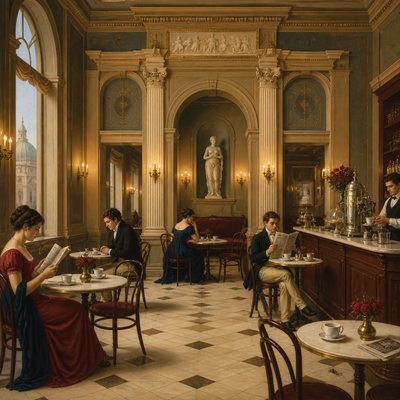 cozy cafe interior with warm lighting