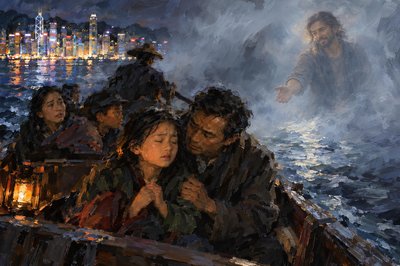 a painting of a group of people in a boat