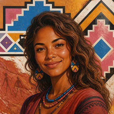 head-and-shoulders portrait of an original character: a young woman with wavy chestnut hair and a warm smile, plain soft backdrop